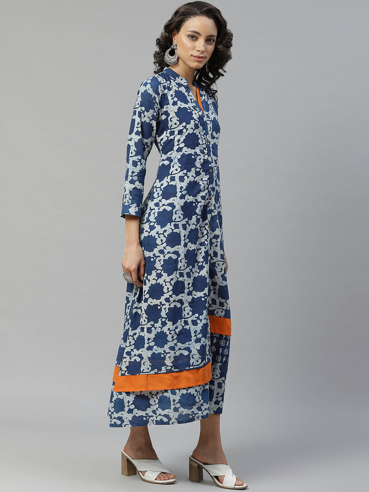 Blue Block Printing Long Cotton Anarkali Kurti with Orange Color Blocking