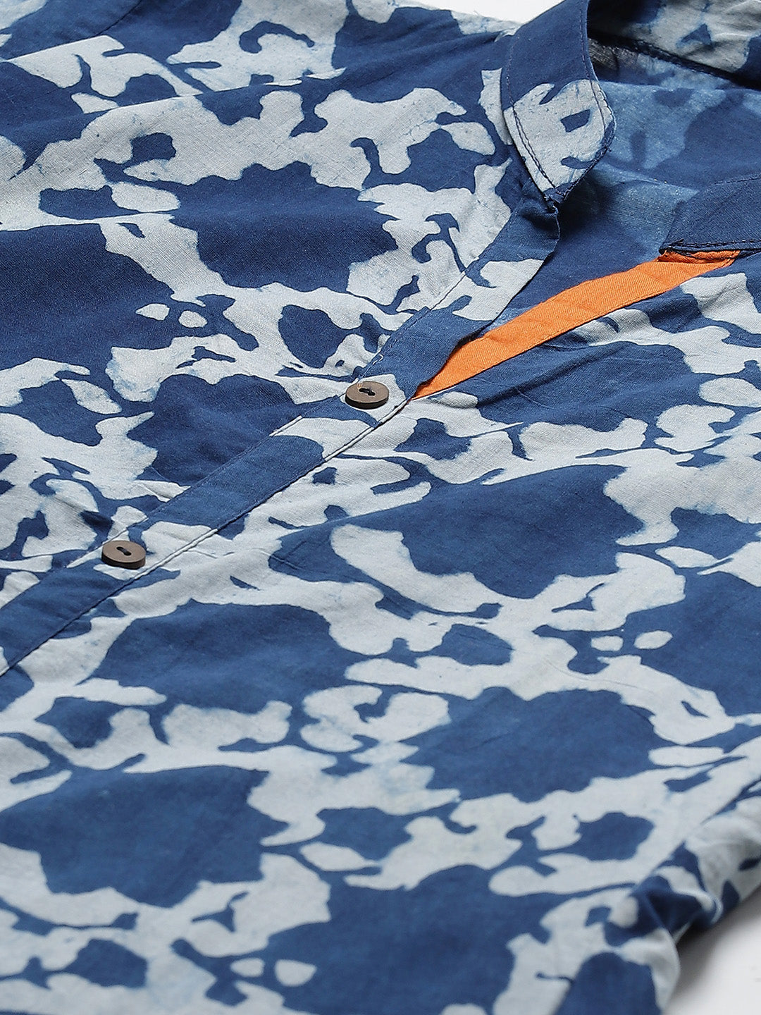 Blue Block Printing Long Cotton Anarkali Kurti with Orange Color Blocking