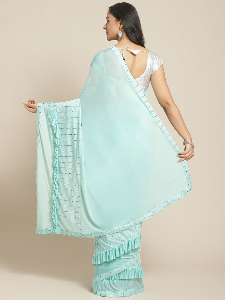 Pastel Romance Ruffled Pre-Stitched Saree with Bling Silver Sequence Patchwork