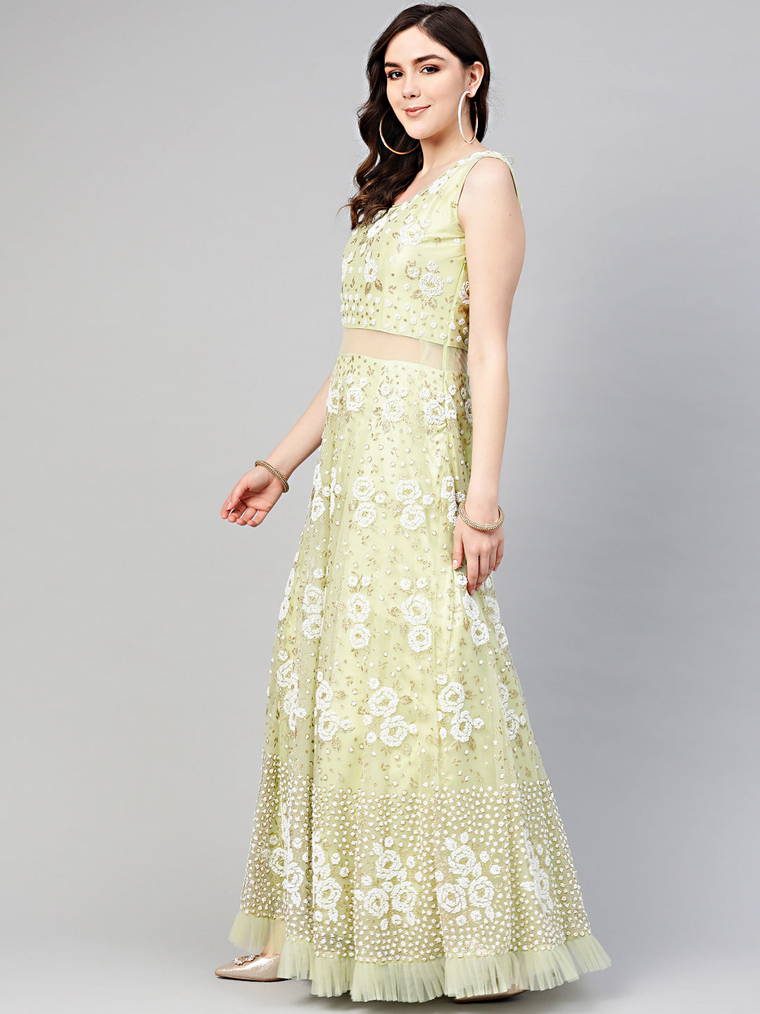 Pearl embellished Cocktail Gown with Pleated Hemline