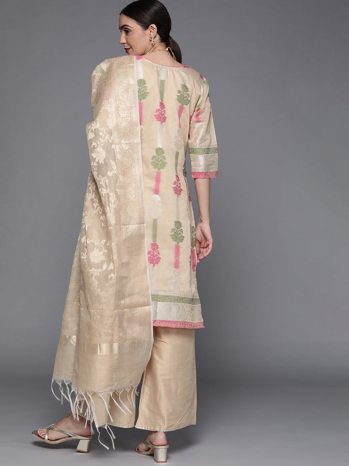 Beige Woven Kurta Set with Banarasi Handloom Dupatta and Palazzo