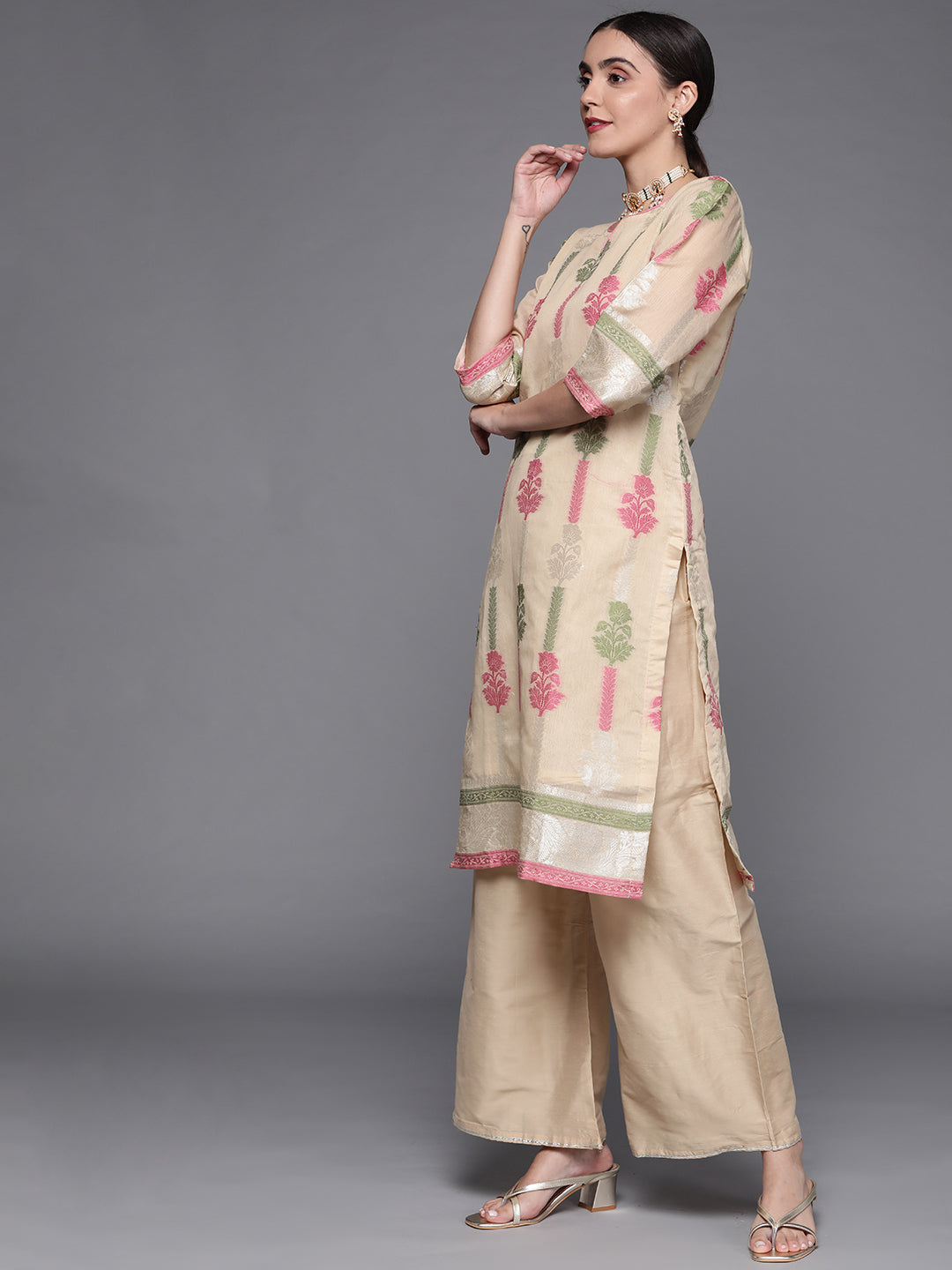 Beige Woven Kurta Set with Banarasi Handloom Dupatta and Palazzo