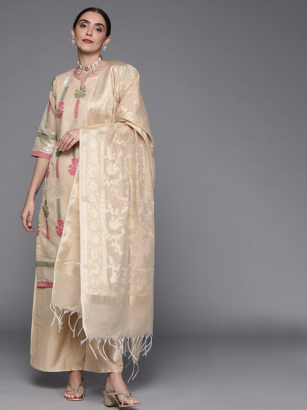 Beige Woven Kurta Set with Banarasi Handloom Dupatta and Palazzo