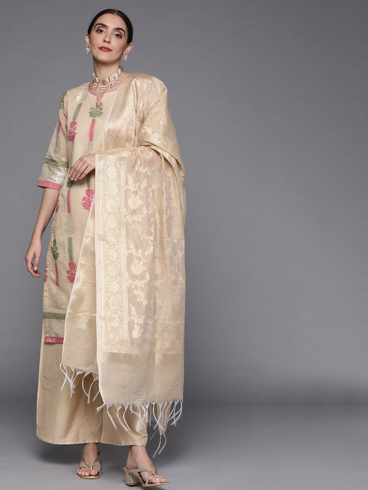 Beige Woven Kurta Set with Banarasi Handloom Dupatta and Palazzo