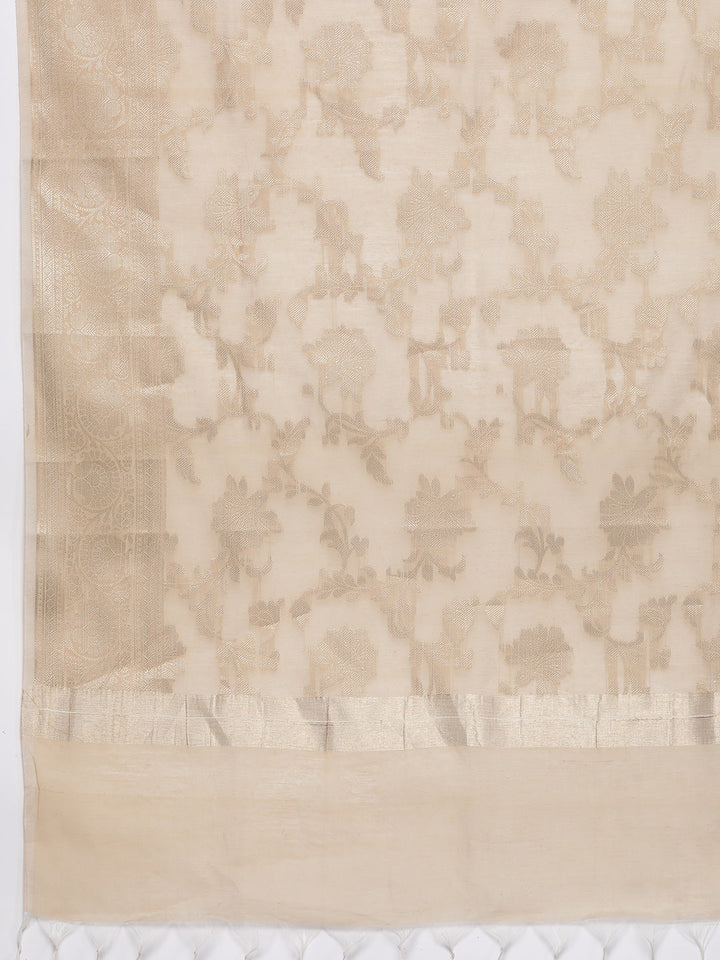 Beige Woven Kurta Set with Banarasi Handloom Dupatta and Palazzo