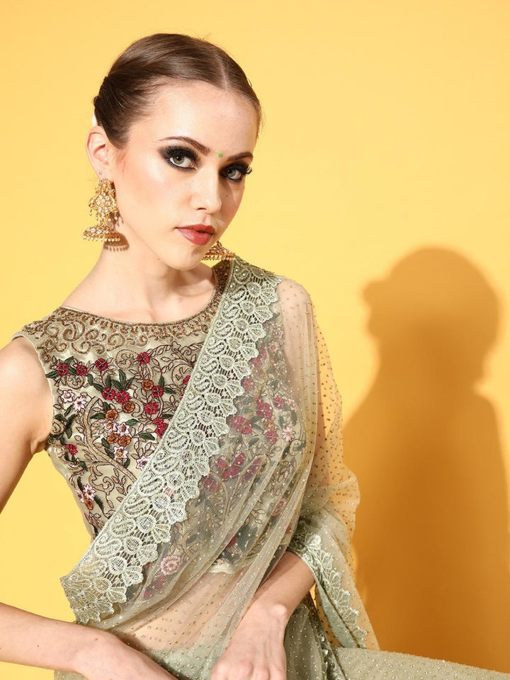Green Bling Glittery Belted Saree with Lace Embellished Border