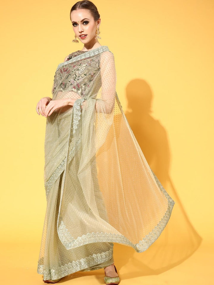 Green Bling Glittery Belted Saree with Lace Embellished Border