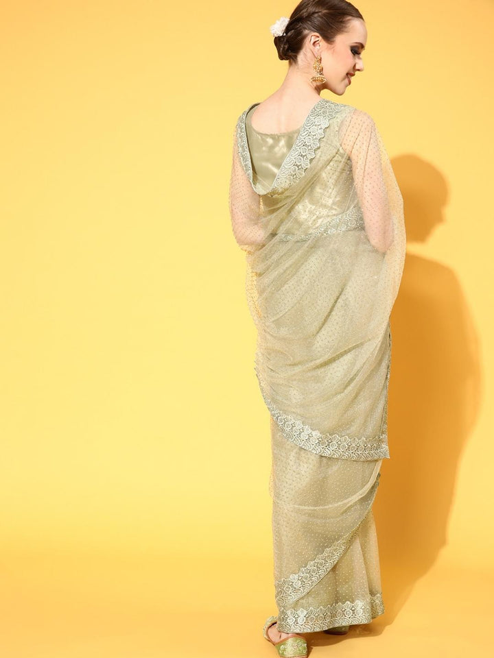 Green Bling Glittery Belted Saree with Lace Embellished Border