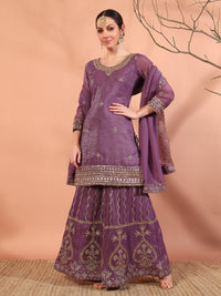 Chhabra 555 Lilac Sequined & Cutt-Dana Work Kurta With Embellished Metallic Palazzo Set & Embellished Dupatta