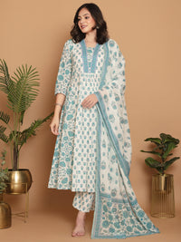 White Turquoise A-line Flared Kurta Set with Deep V-Neckline & Placement Floral Print