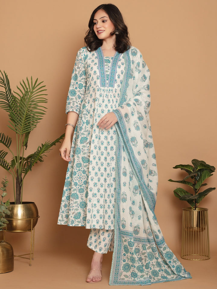 White Turquoise A-line Flared Kurta Set with Deep V-Neckline & Placement Floral Print