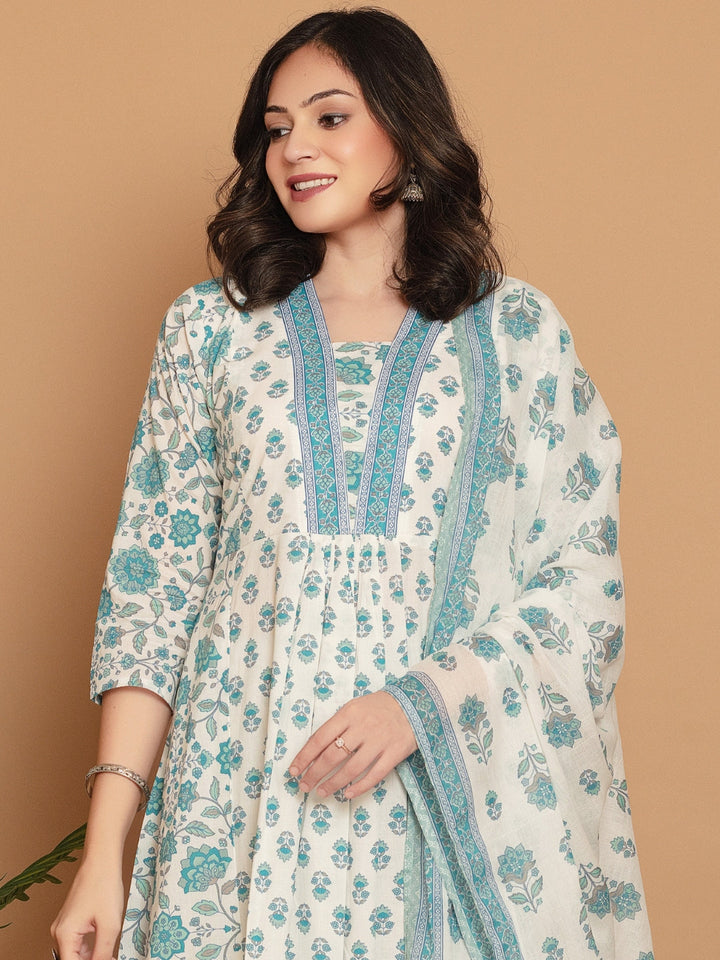 White Turquoise A-line Flared Kurta Set with Deep V-Neckline & Placement Floral Print