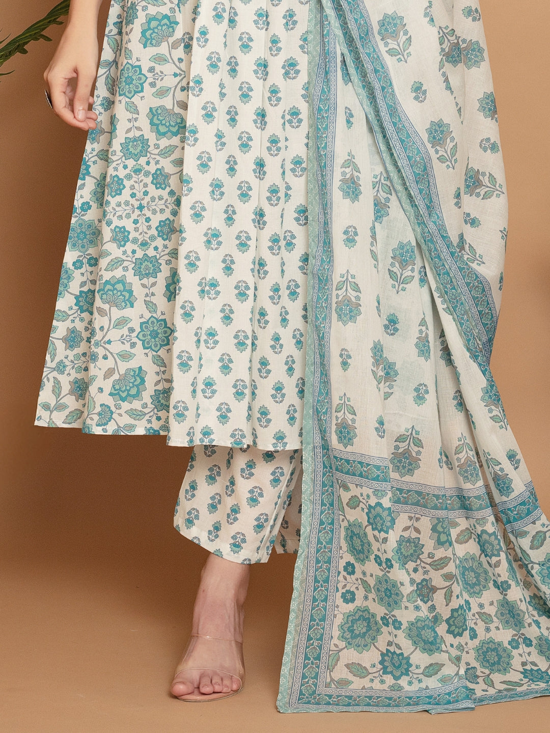 White Turquoise A-line Flared Kurta Set with Deep V-Neckline & Placement Floral Print