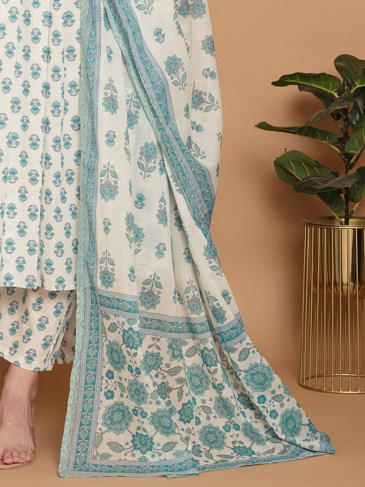 White Turquoise A-line Flared Kurta Set with Deep V-Neckline & Placement Floral Print