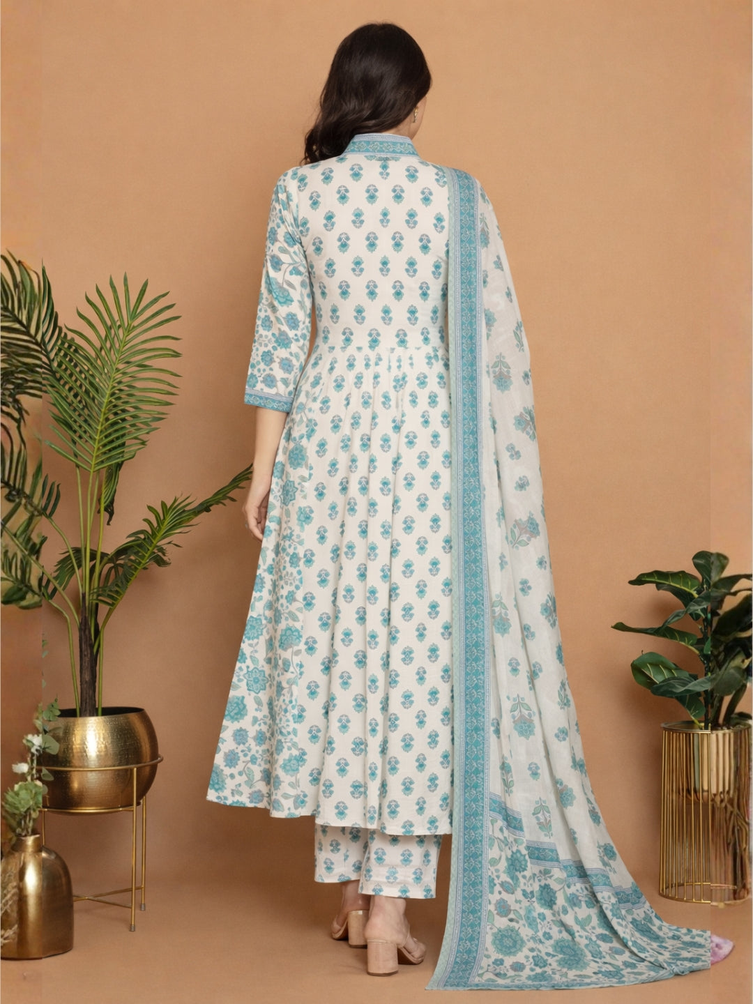 White Turquoise A-line Flared Kurta Set with Deep V-Neckline & Placement Floral Print