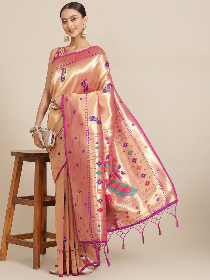 Pink Zari Paithani Silk Handloom Saree with Meenakari Peacock Motifs
