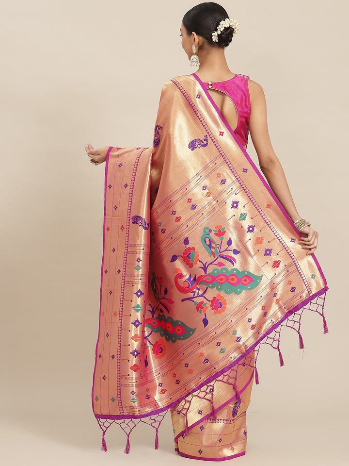 Pink Zari Paithani Silk Handloom Saree with Meenakari Peacock Motifs