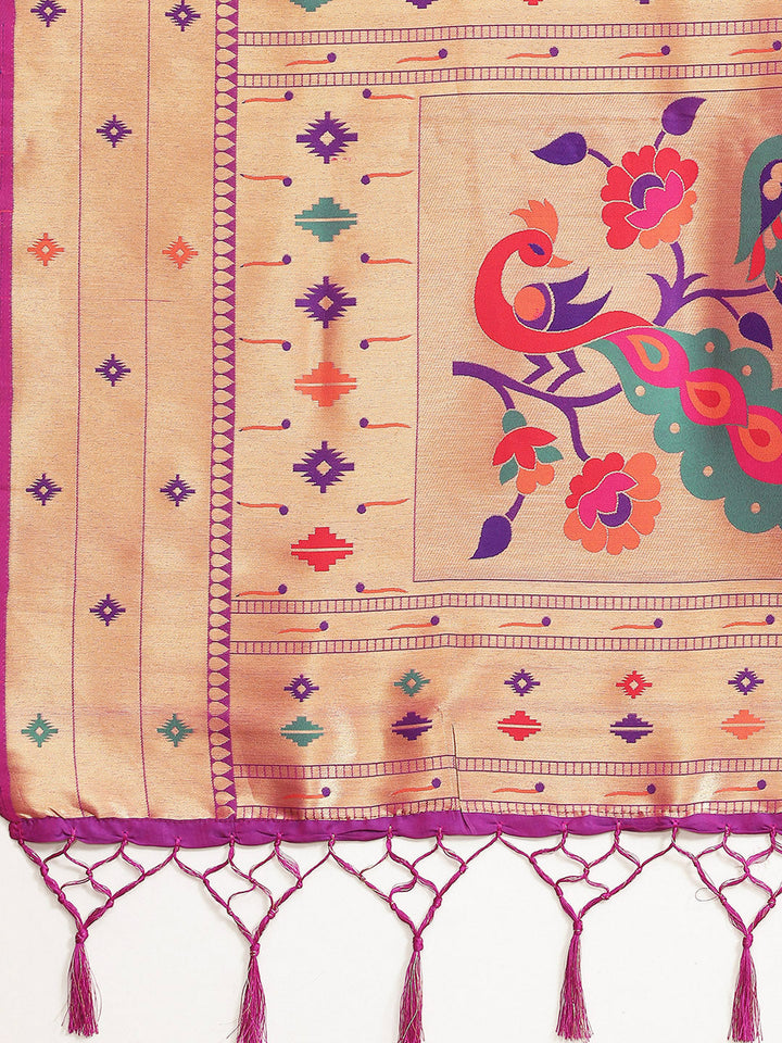 Pink Zari Paithani Silk Handloom Saree with Meenakari Peacock Motifs