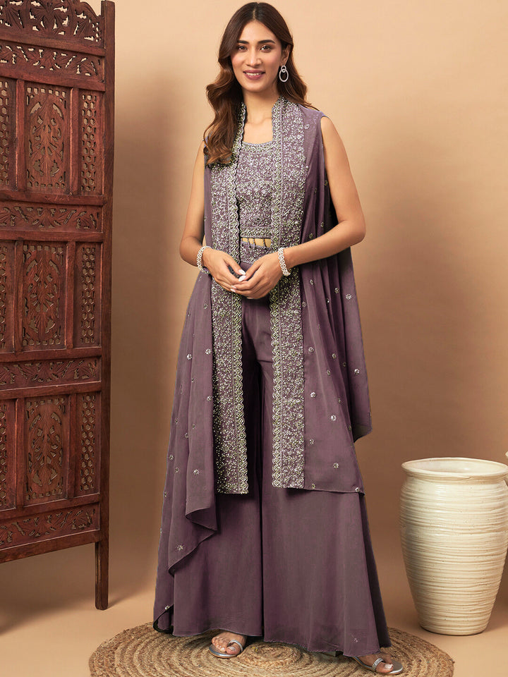 Zircon Embellished Georgette Crop-Top Set & Aari Embroidered Jacket