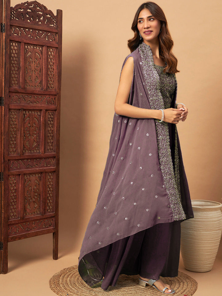 Zircon Embellished Georgette Crop-Top Set & Aari Embroidered Jacket