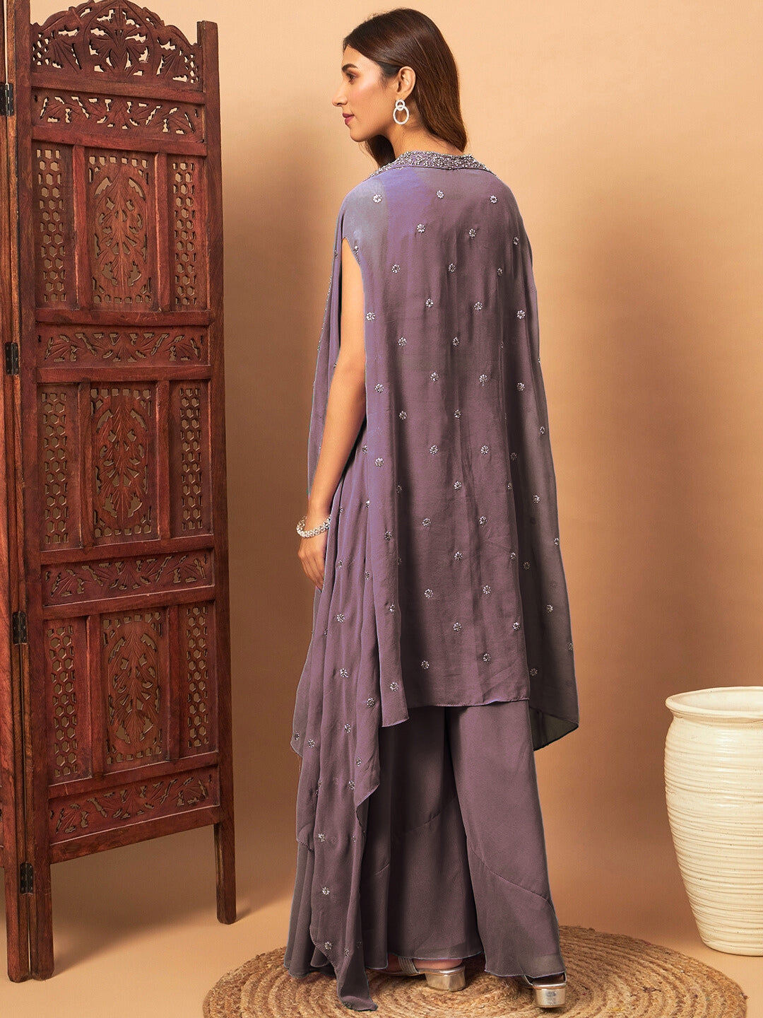 Zircon Embellished Georgette Crop-Top Set & Aari Embroidered Jacket