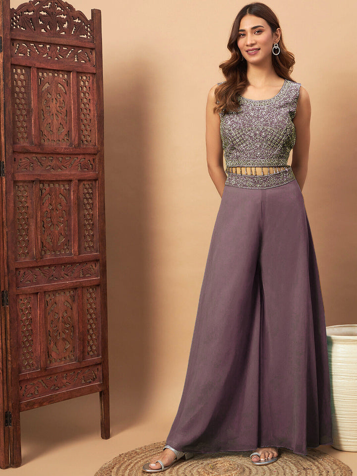 Zircon Embellished Festive Georgette Crop-Top Palazzo Set with Aari Embroidered Jacket