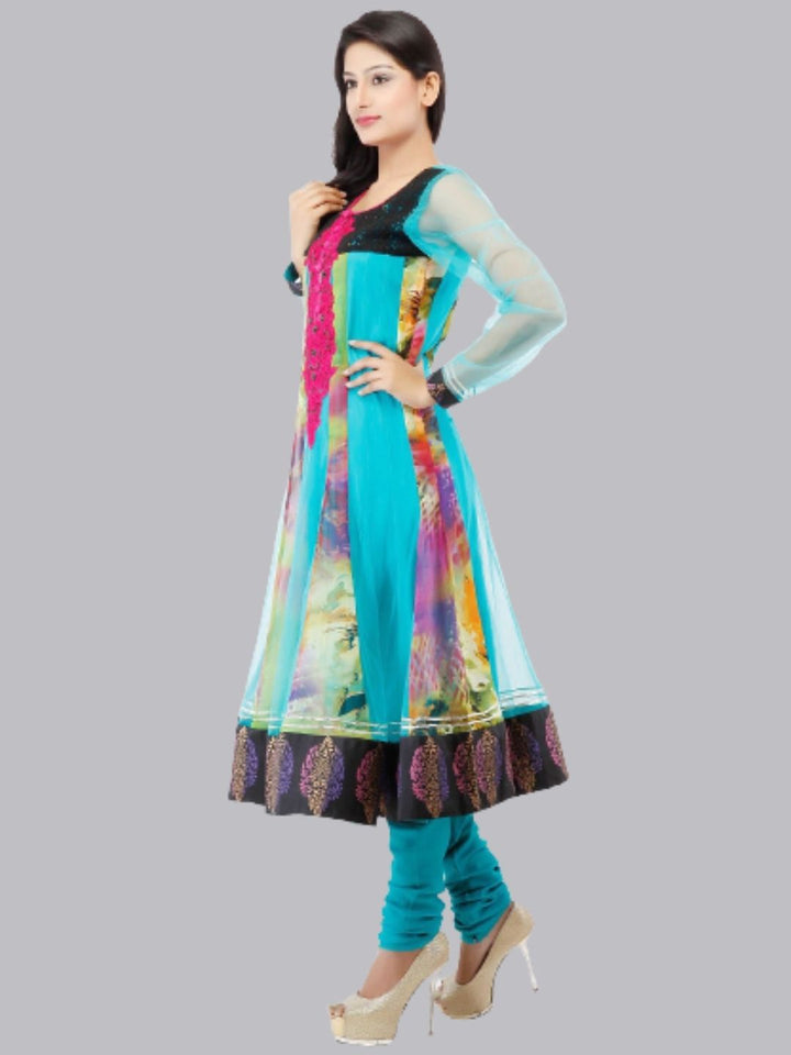 Blue Chiffon Anarkali Patchwork Suit With Chiffon Dupatta