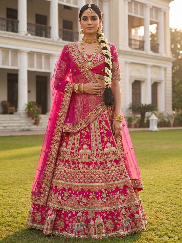 Rani Pink Zari Embroidered Bridal Lehenga Choli with Elephant Motif