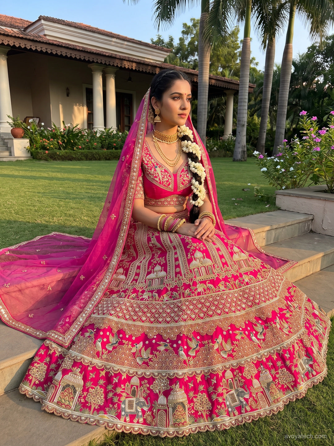 Rani Pink Zari Embroidered Bridal Lehenga Choli with Elephant Motif
