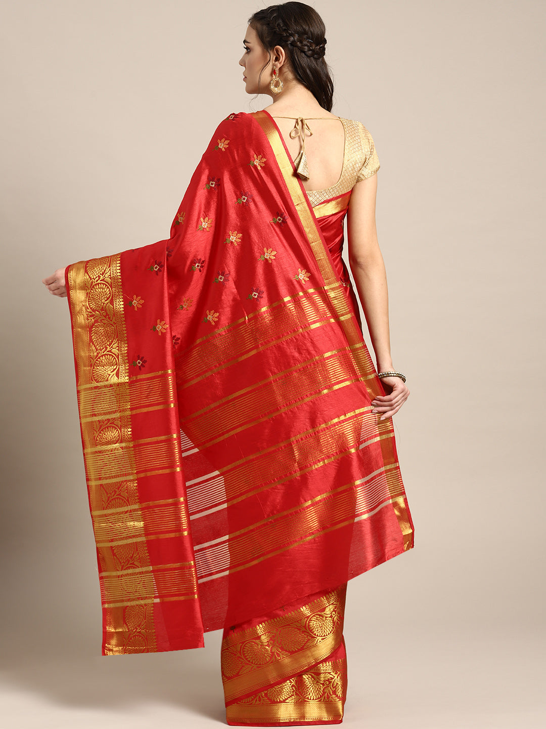 Mysore Silk Saree with Zari Border and Resham Cross Stitch Embroidery