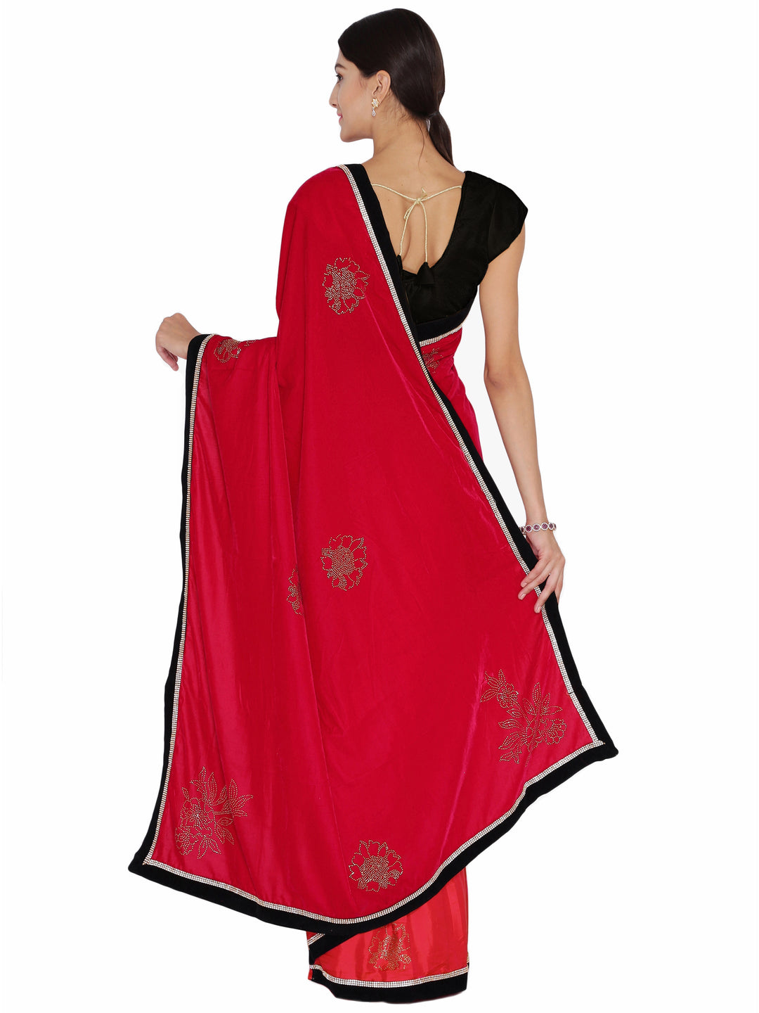 Crystal Embellished Micro Velvet Saree with Contrast Border