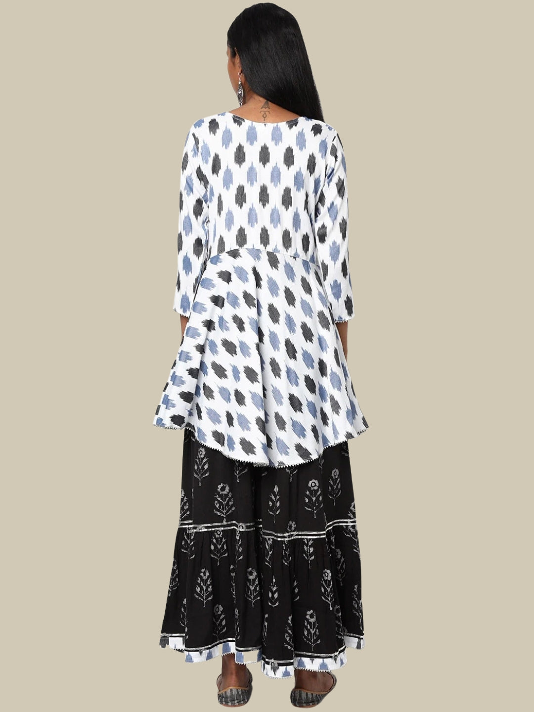 White & Black Batik Printed Cotton Kurta Sharara Set