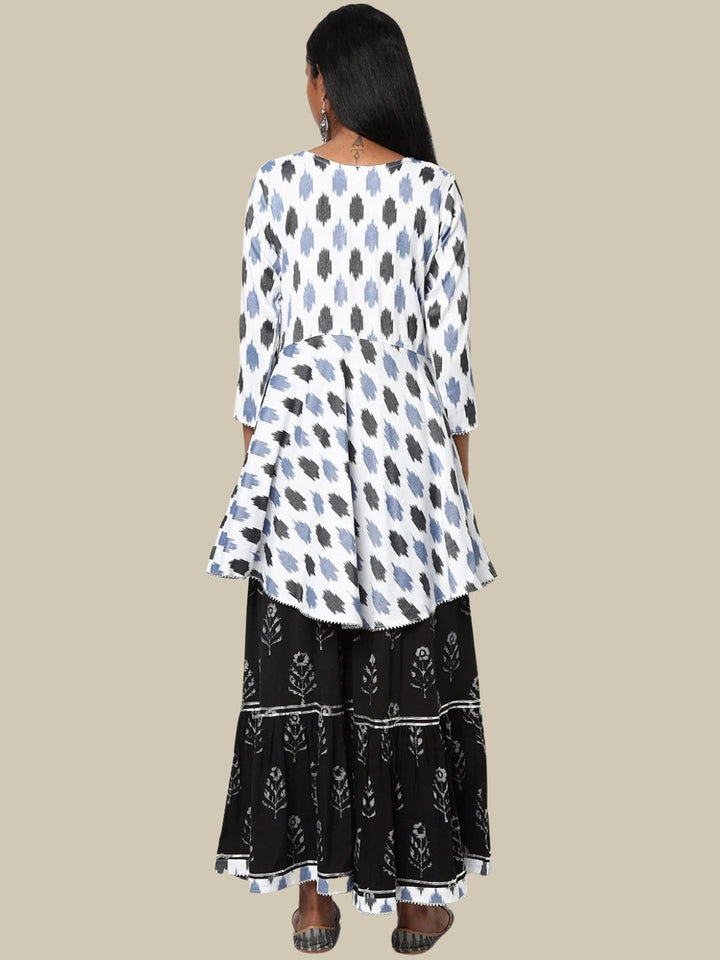 White & Black Batik Printed Cotton Kurta Sharara Set