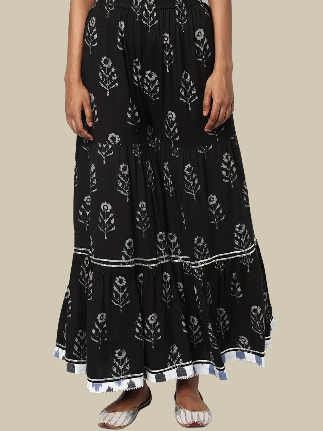 White & Black Batik Printed Cotton Kurta Sharara Set