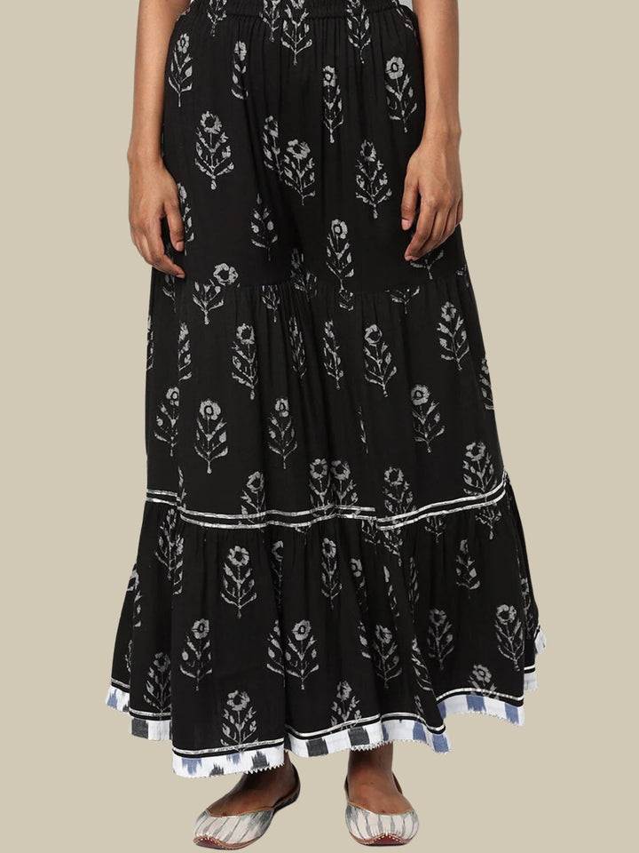 White & Black Batik Printed Cotton Kurta Sharara Set
