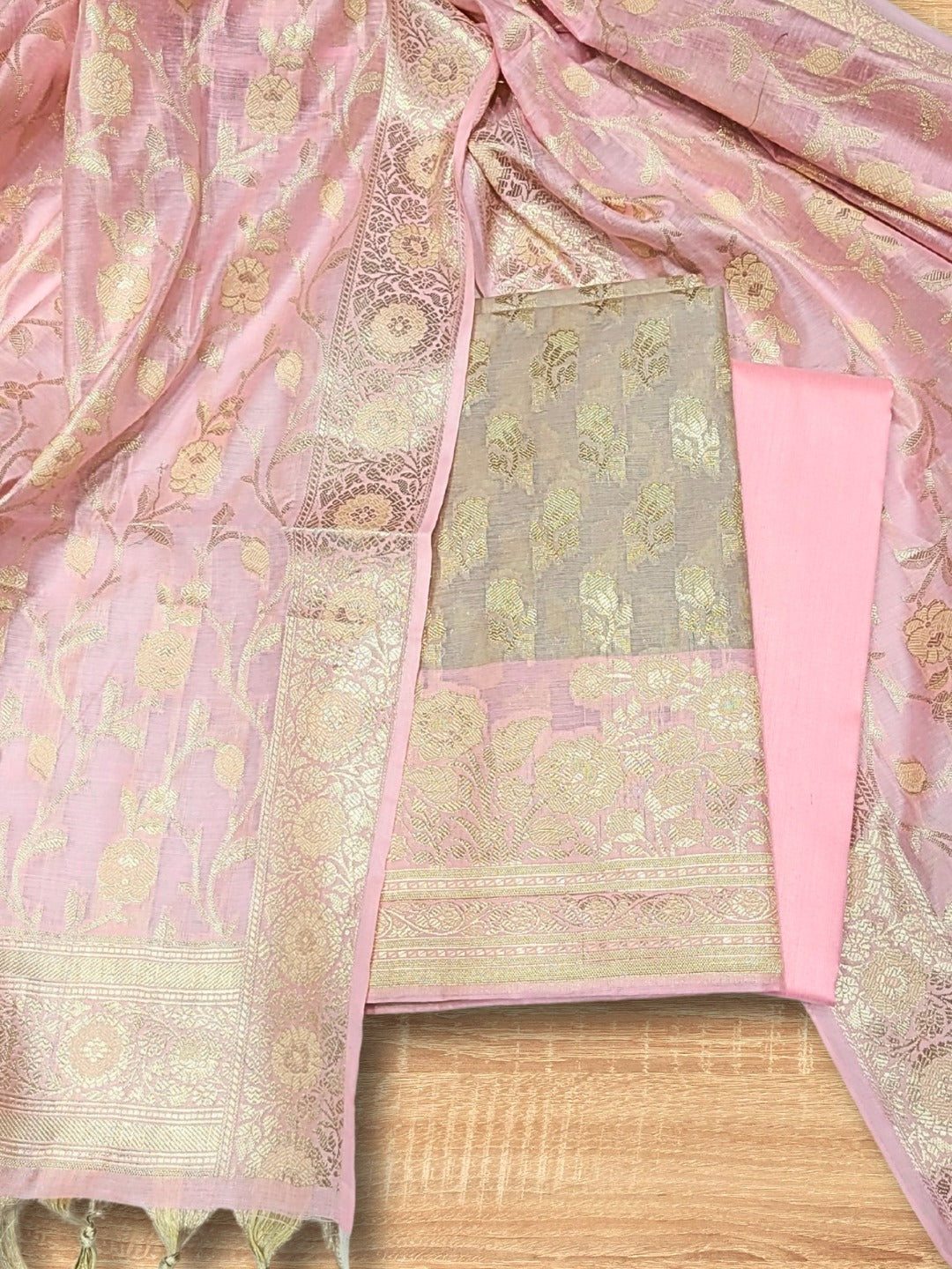 Banarasi Chanderi Dress Material with Contrast color Handloom weaving & Tasseled Dupatta