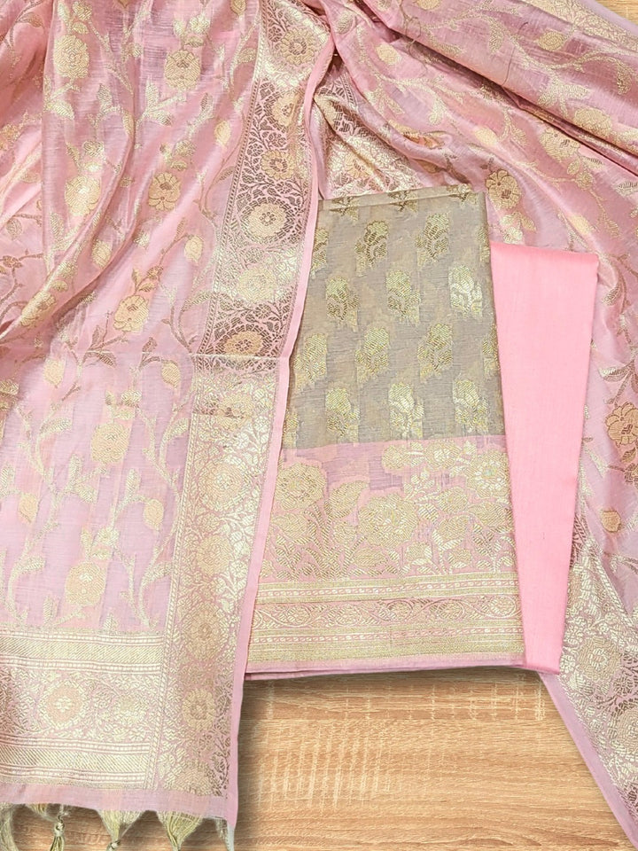 Banarasi Chanderi Dress Material with Contrast color Handloom weaving & Tasseled Dupatta