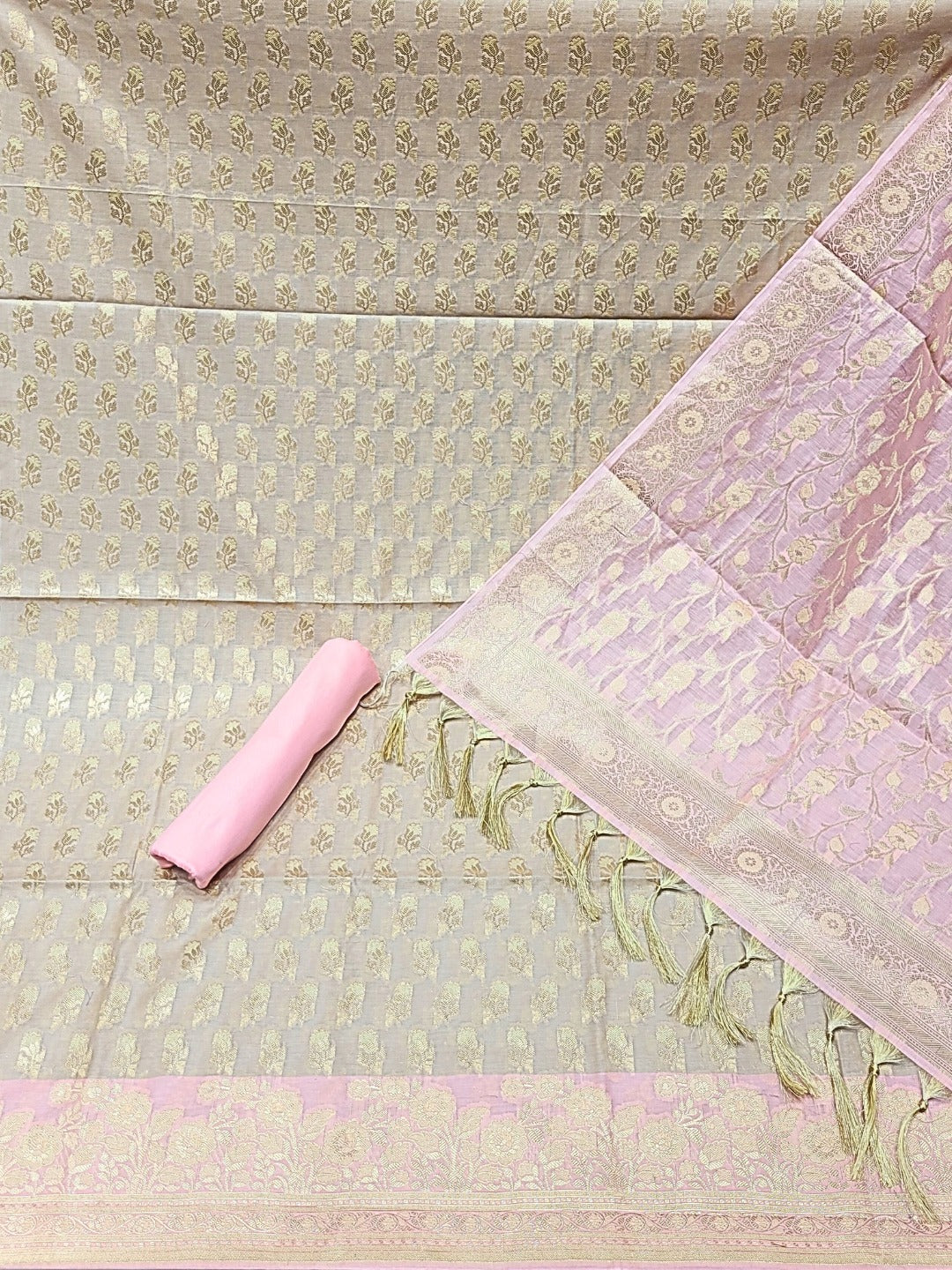 Banarasi Chanderi Dress Material with Contrast color Handloom weaving & Tasseled Dupatta