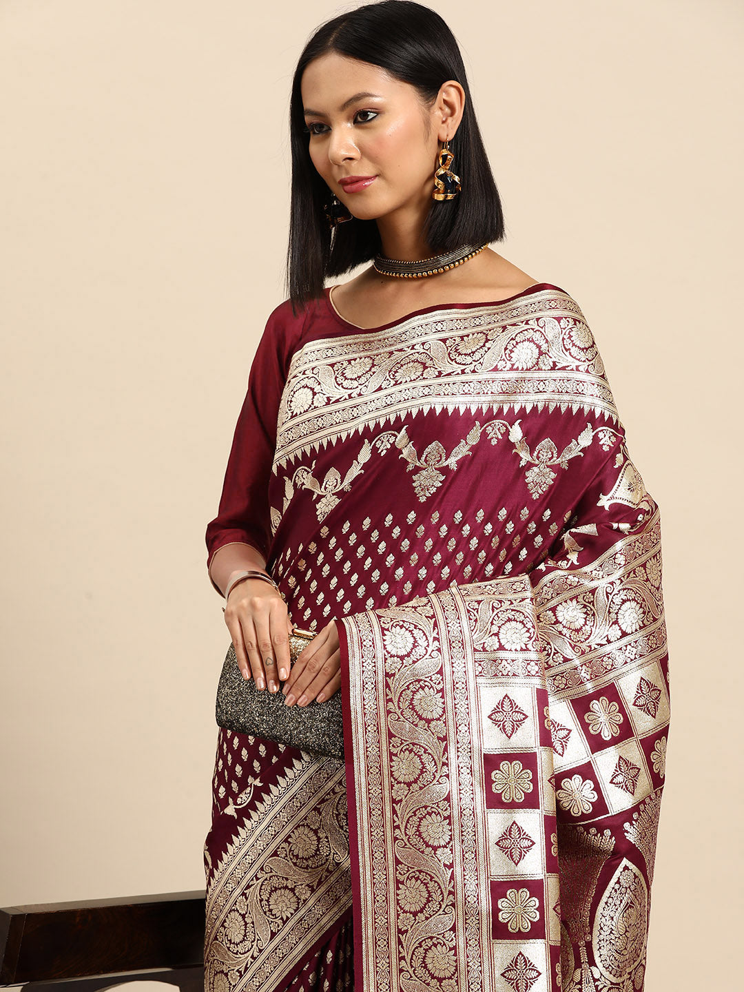 Maroon Bright Gold Zari Embellished Kanjeewaram Bridal Silk Saree