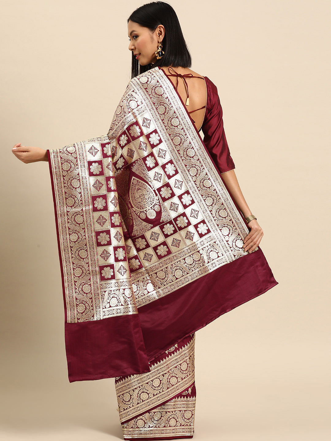 Maroon Bright Gold Zari Embellished Kanjeewaram Bridal Silk Saree