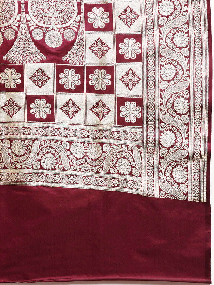 Maroon Bright Gold Zari Embellished Kanjeewaram Bridal Silk Saree