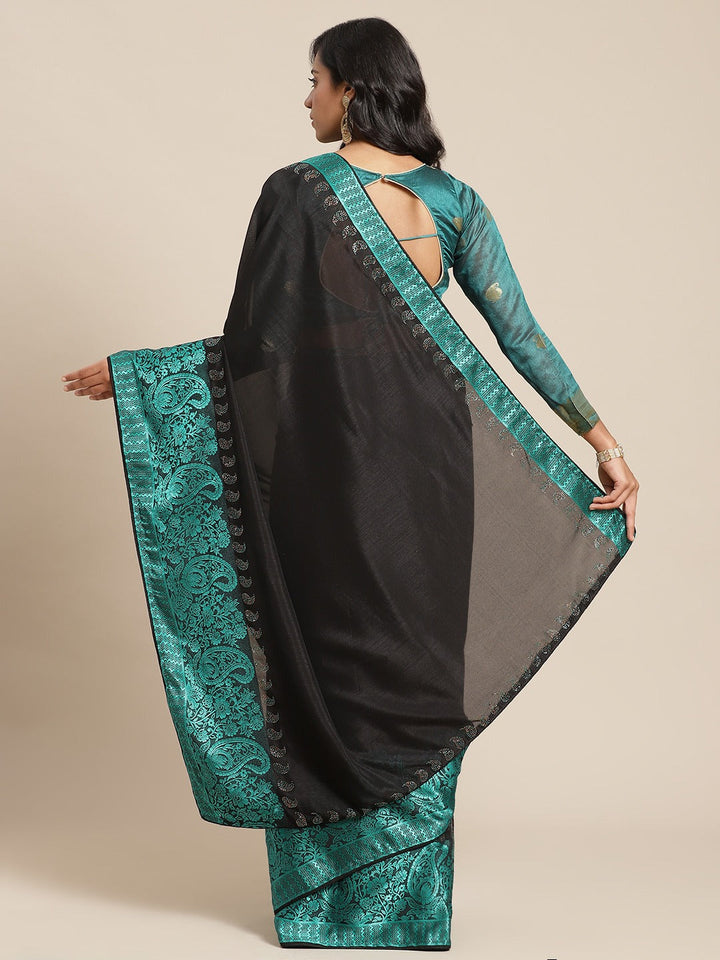 Black Georgette Crystal Embellished Saree With Contrast Teal Banarasi Brocade panel