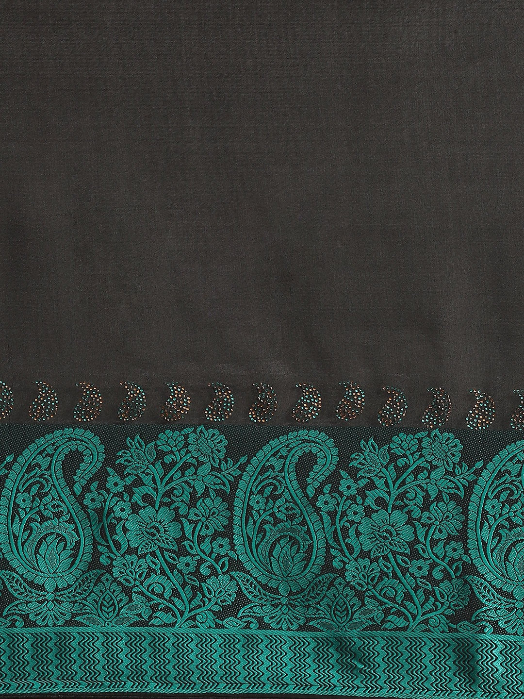 Black Georgette Crystal Embellished Saree With Contrast Teal Banarasi Brocade panel