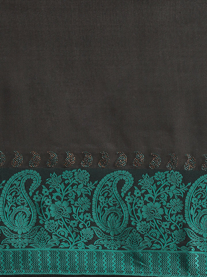 Black Georgette Crystal Embellished Saree With Contrast Teal Banarasi Brocade panel