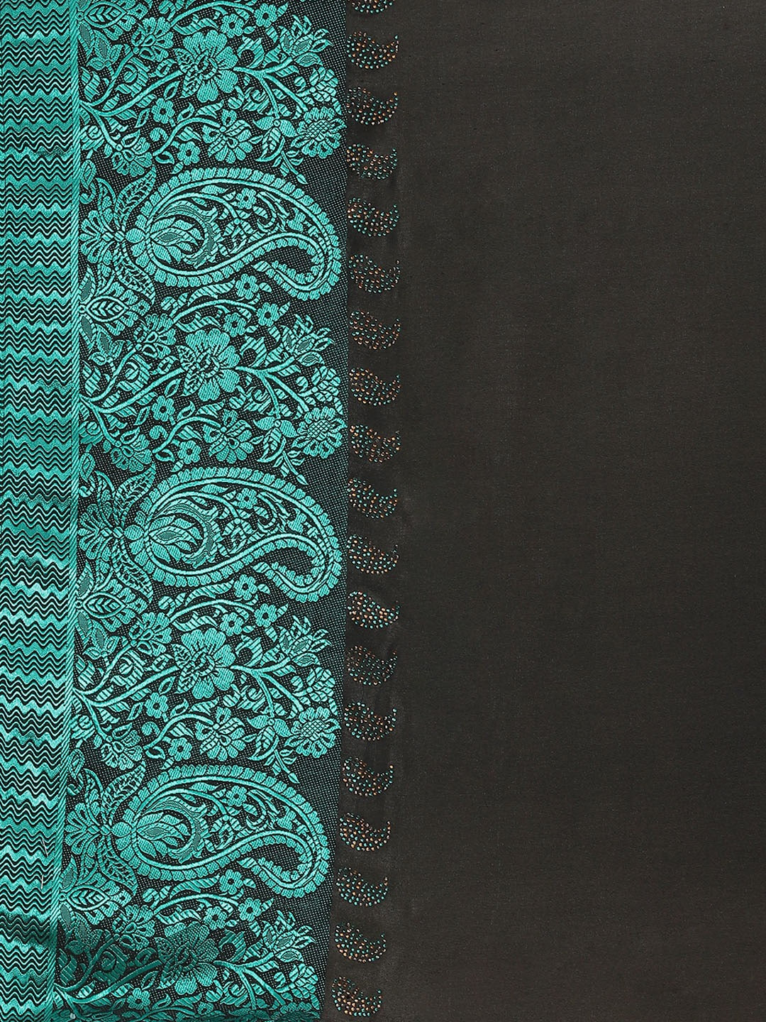 Black Georgette Crystal Embellished Saree With Contrast Teal Banarasi Brocade panel