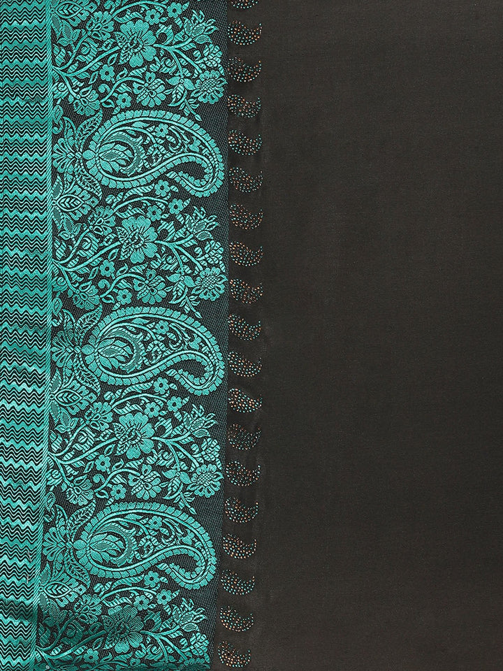 Black Georgette Crystal Embellished Saree With Contrast Teal Banarasi Brocade panel