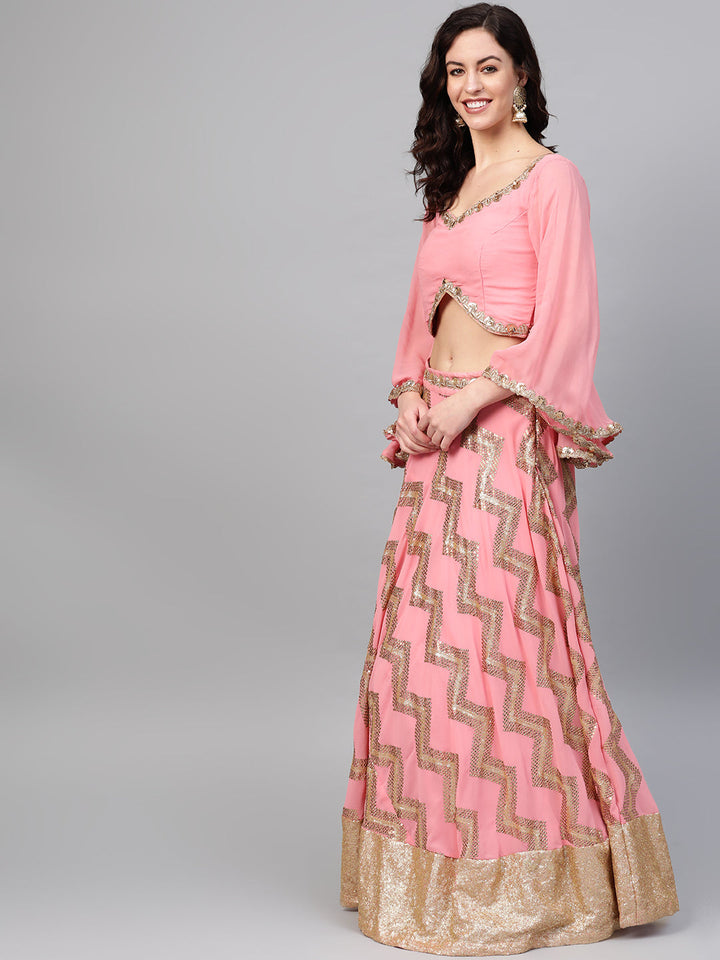 Embroidered Crop Top Lehenga with Flowy Bell Sleeves