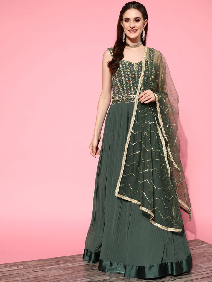 Hand Embroidered Flared Pleated Georgette Gown with Sequinned Dupatta