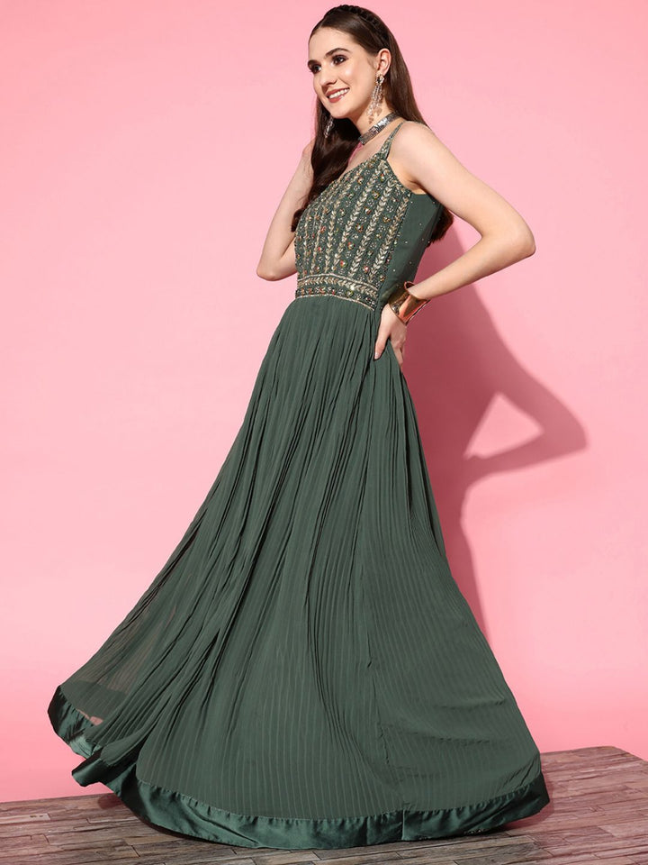 Hand Embroidered Flared Pleated Georgette Gown with Sequinned Dupatta