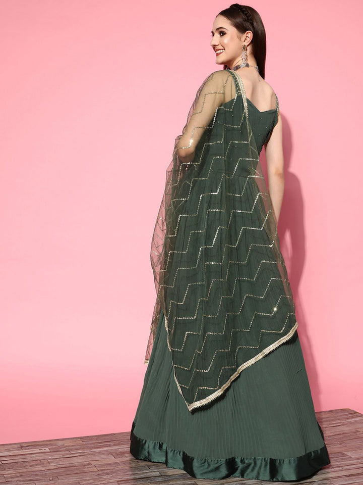 Hand Embroidered Flared Pleated Georgette Gown with Sequinned Dupatta